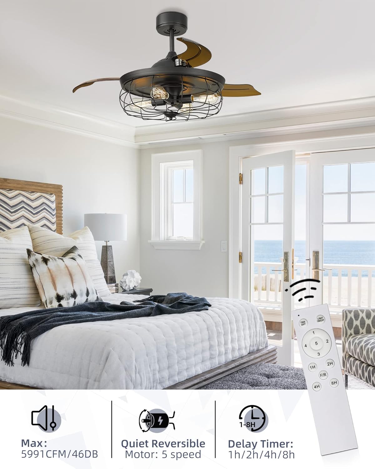 42 Inch Matte Black Ceiling Fan with Light and 3 Retractable Blades with Remote Control G996