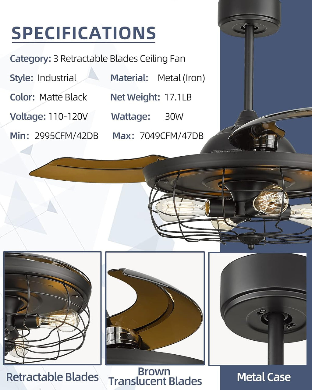42 Inch Matte Black Ceiling Fan with Light and 3 Retractable Blades with Remote Control G996