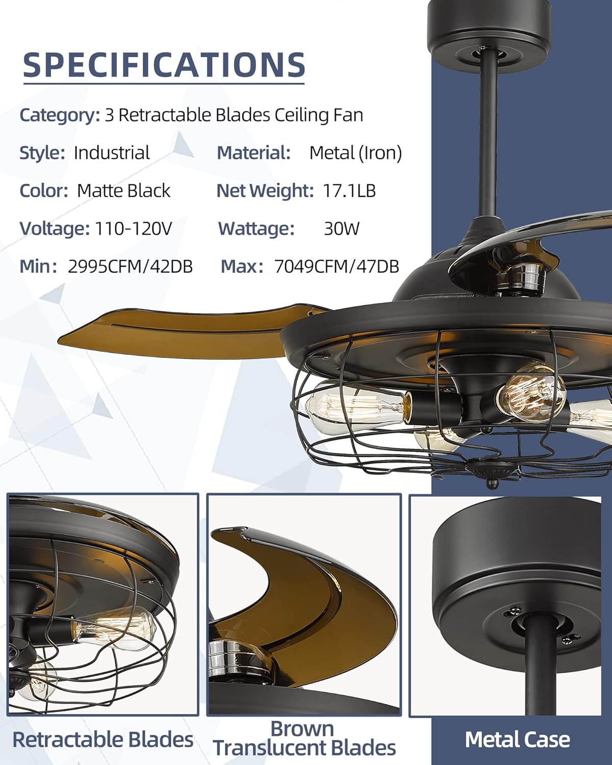 42 Inch Matte Black Ceiling Fan with Light and 3 Retractable Blades with Remote Control G996