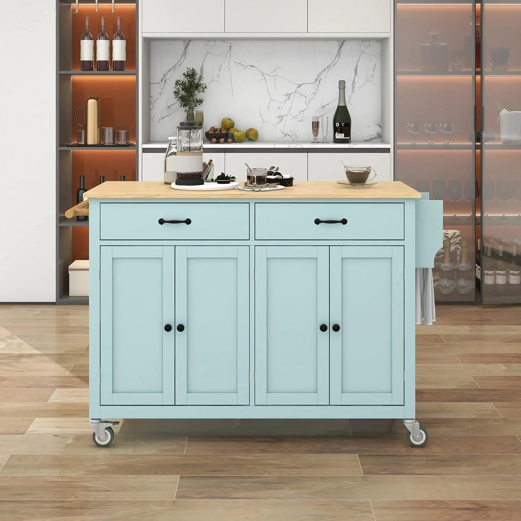Kitchen Cart with Drop-Leaf Countertop, Kitchen Island on 5 Wheels with Open Shelves, Storage Cabinet and 3 Drawers, Rubberwood Top Breakfast Bar E3170