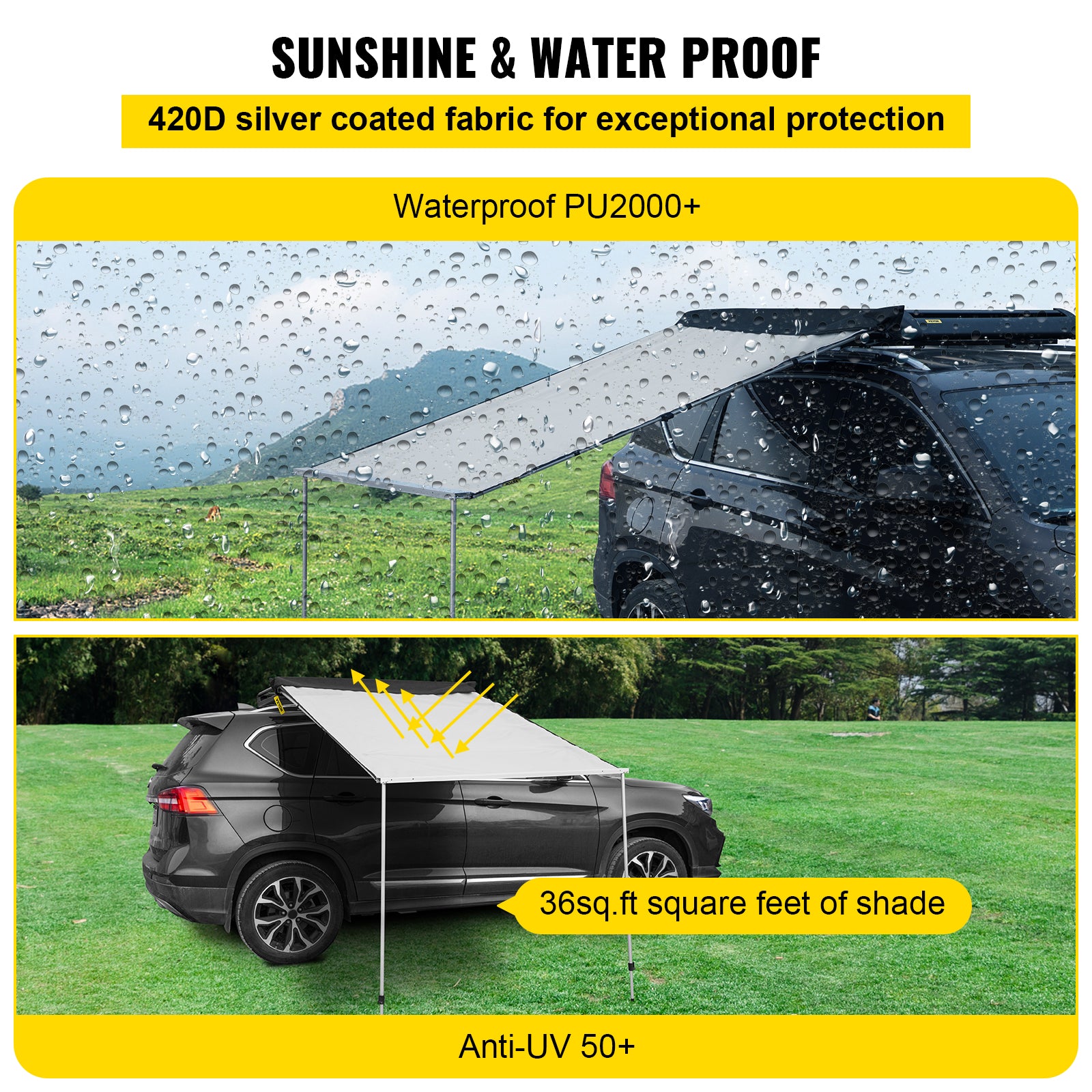 Retractable Waterproof Car Awning Tent Grey 6'x6' U266