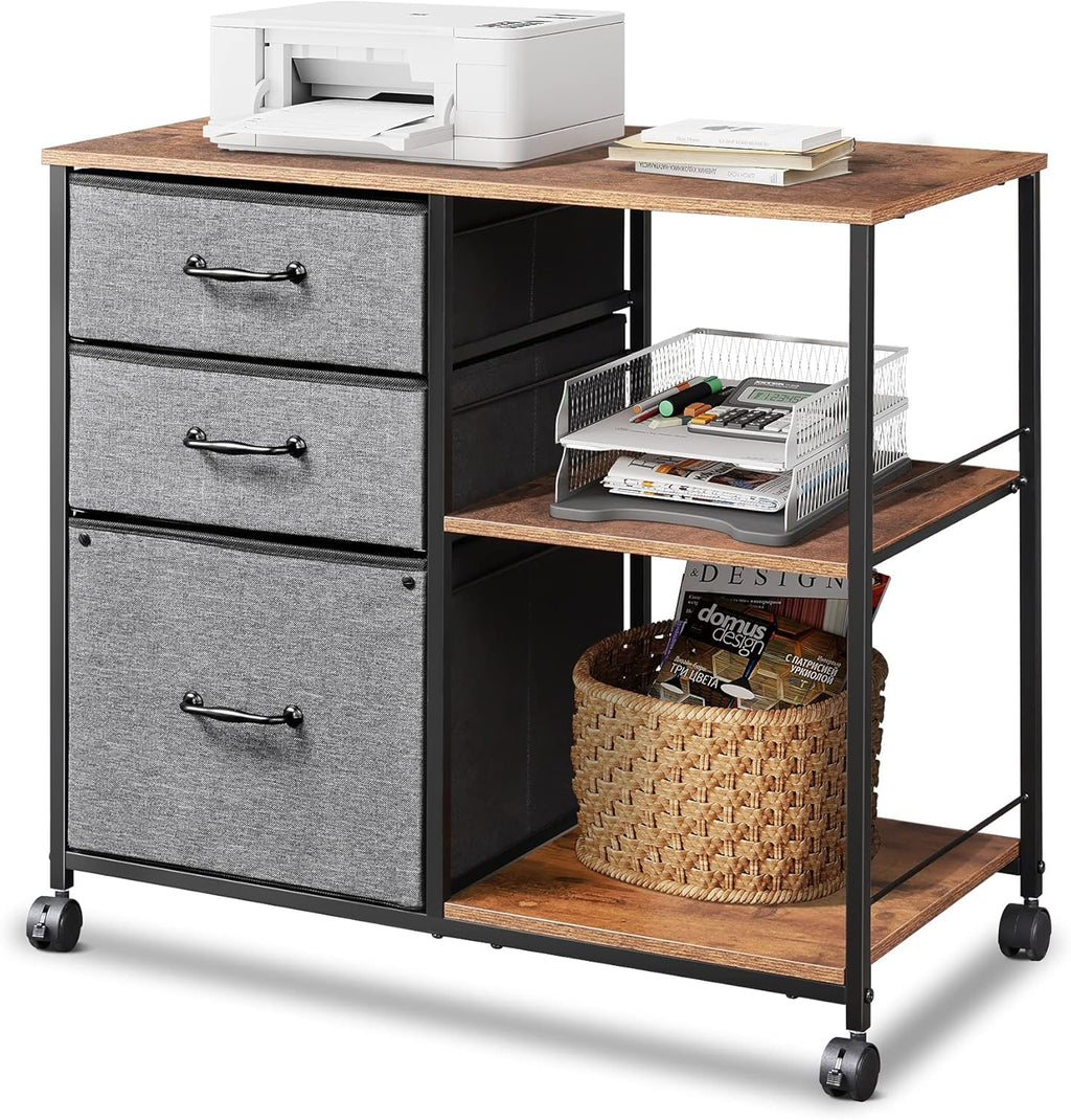 Rustic Brown 3 Drawer Mobile File Cabinet with Open Storage Shelf O230468