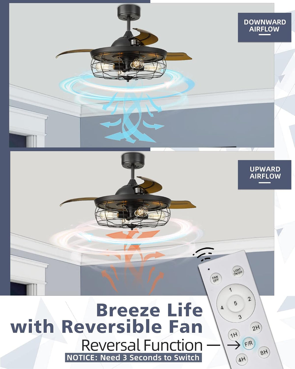 42 Inch Matte Black Ceiling Fan with Light and 3 Retractable Blades with Remote Control G996