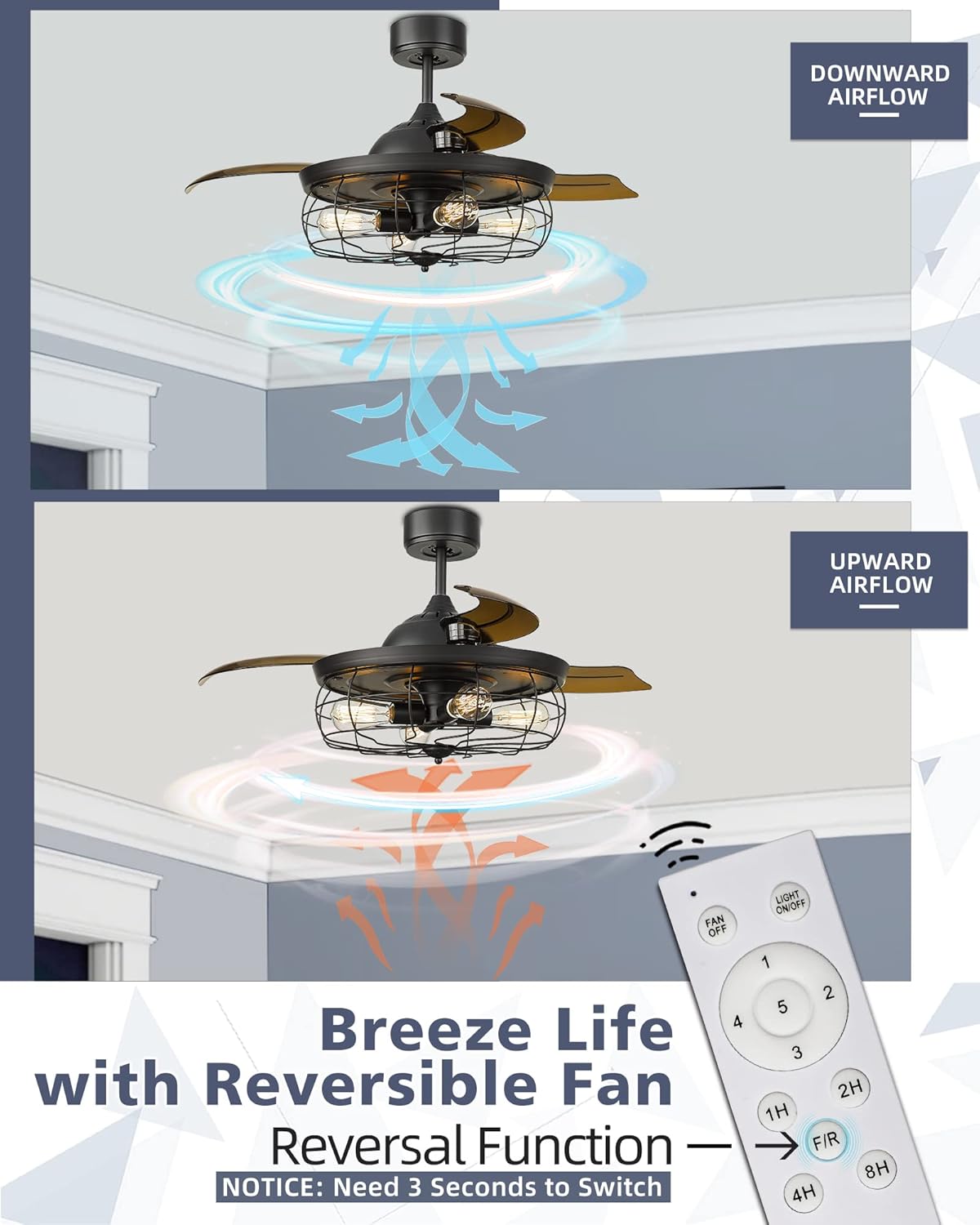 42 Inch Matte Black Ceiling Fan with Light and 3 Retractable Blades with Remote Control G996