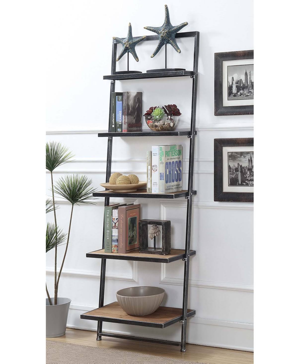 5 Tier Black Ladder Bookcase Shelf E770