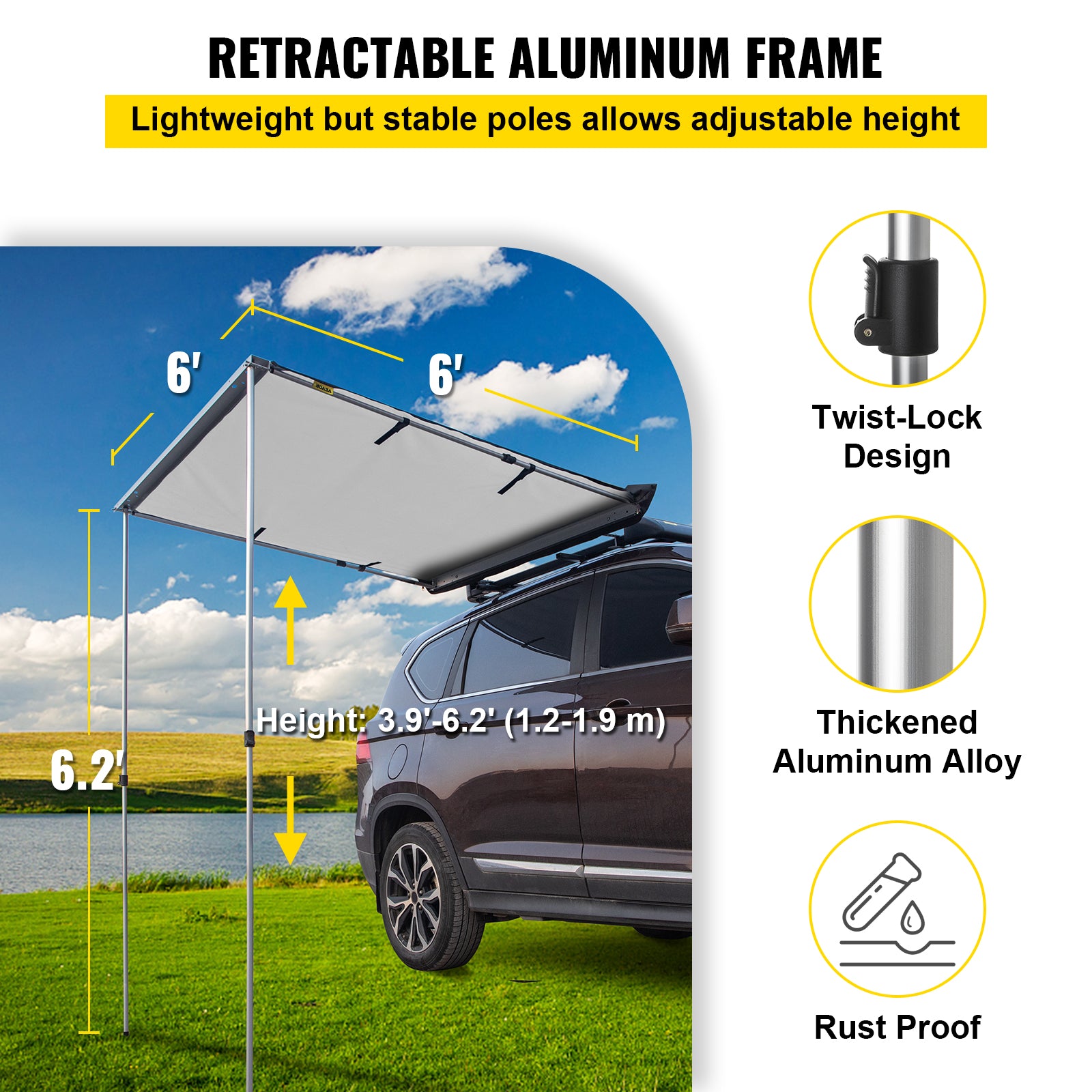 Retractable Waterproof Car Awning Tent Grey 6'x6' U266