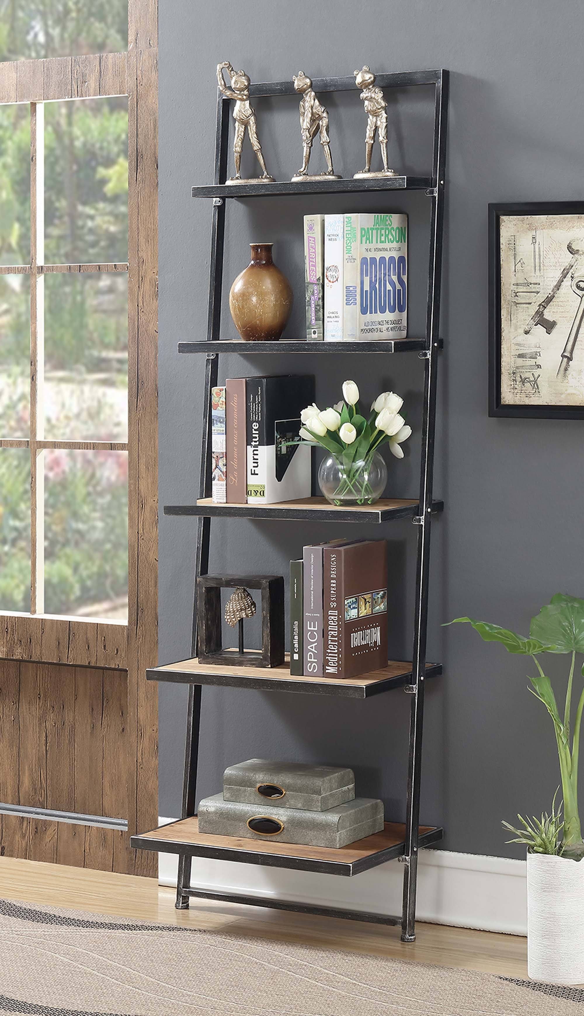 5 Tier Black Ladder Bookcase Shelf E770
