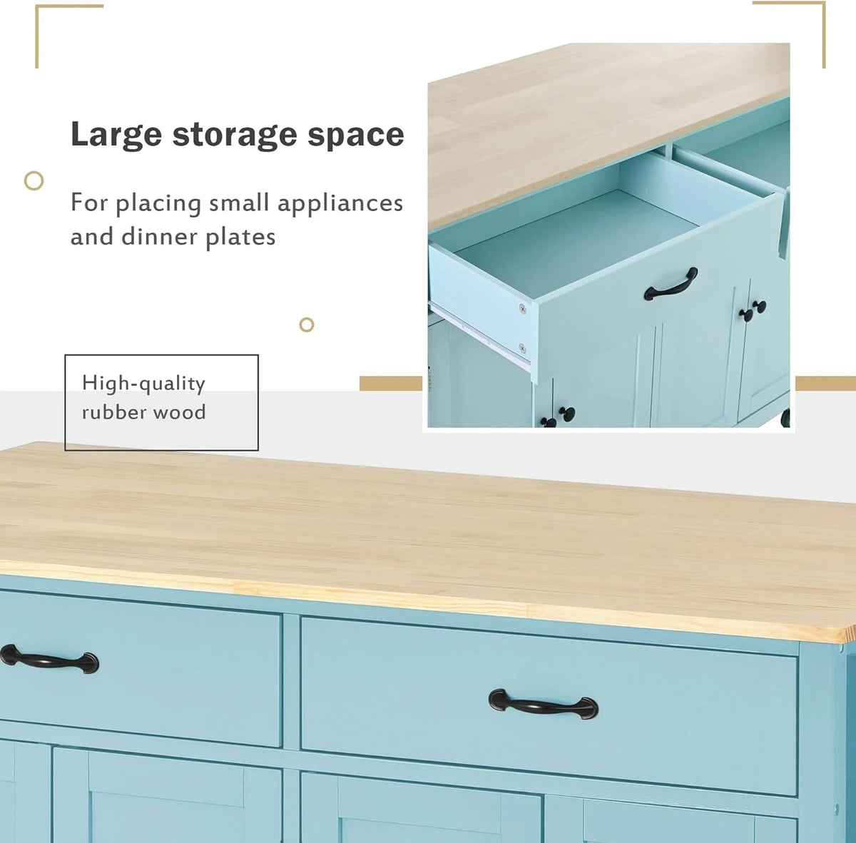 Kitchen Cart with Drop-Leaf Countertop, Kitchen Island on 5 Wheels with Open Shelves, Storage Cabinet and 3 Drawers, Rubberwood Top Breakfast Bar E3170