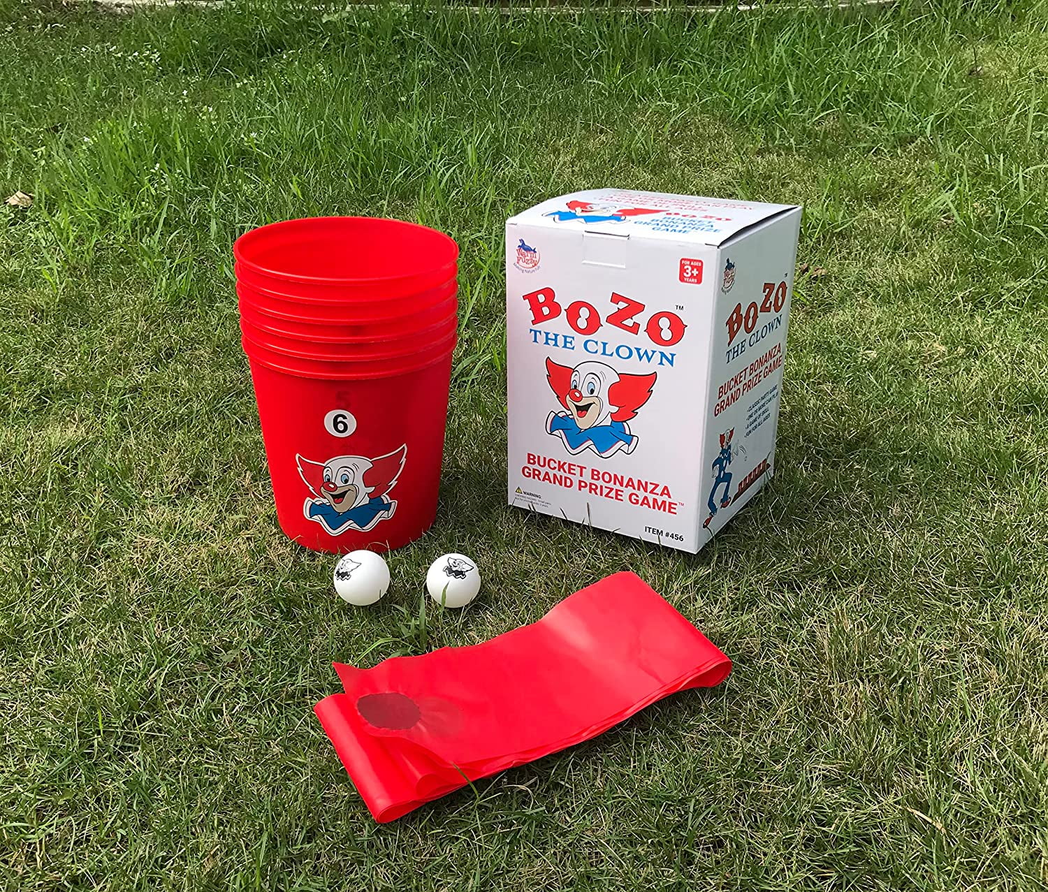 Bozo The Clown Bucket Bonanza Yard Games Pong Set with 6 Durable Buckets, 1 Vinyl Strip and 2 Balls R950722