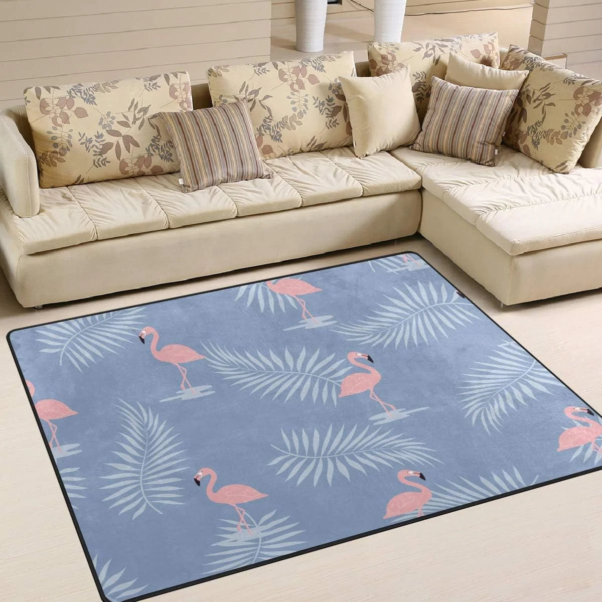 Pink Flamingo with Palm Leaves Lightweight Area Rug U4606
