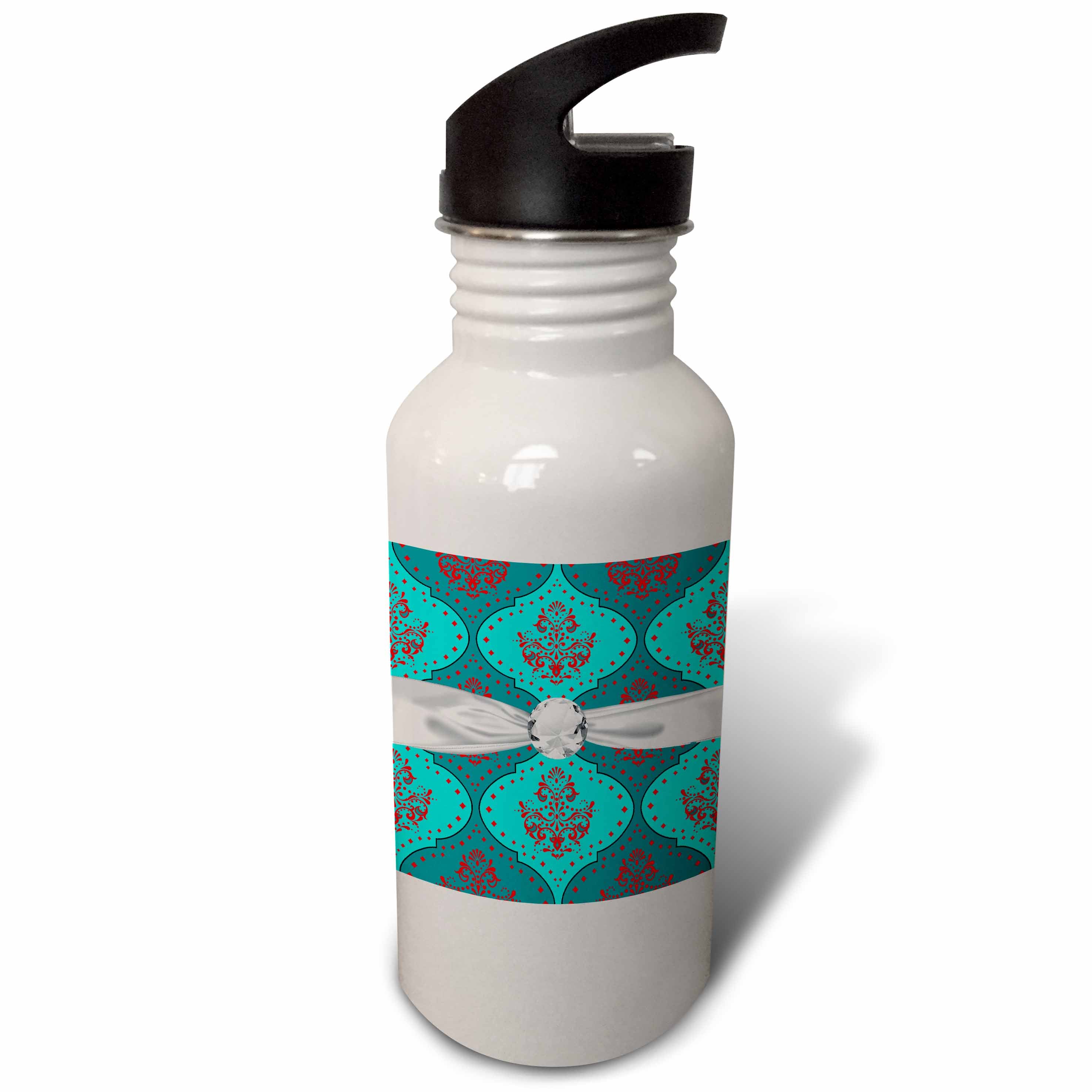 Teal Aqua Red White Damask Pattern Sports Water Bottle X9956