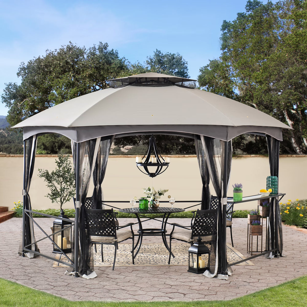 2-tone Gray Hexagon Steel Gazebo with Mosquito Netting Y12997