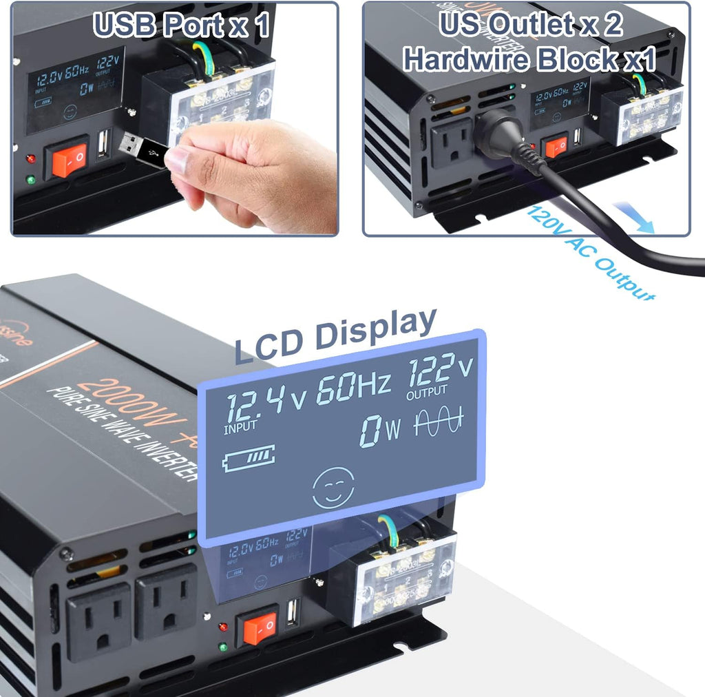 Power Inverter 2000W Pure Sine Wave 12v DC to AC 120v Peak 4000 Watt Converter with LCD Display USB Charge Port F387