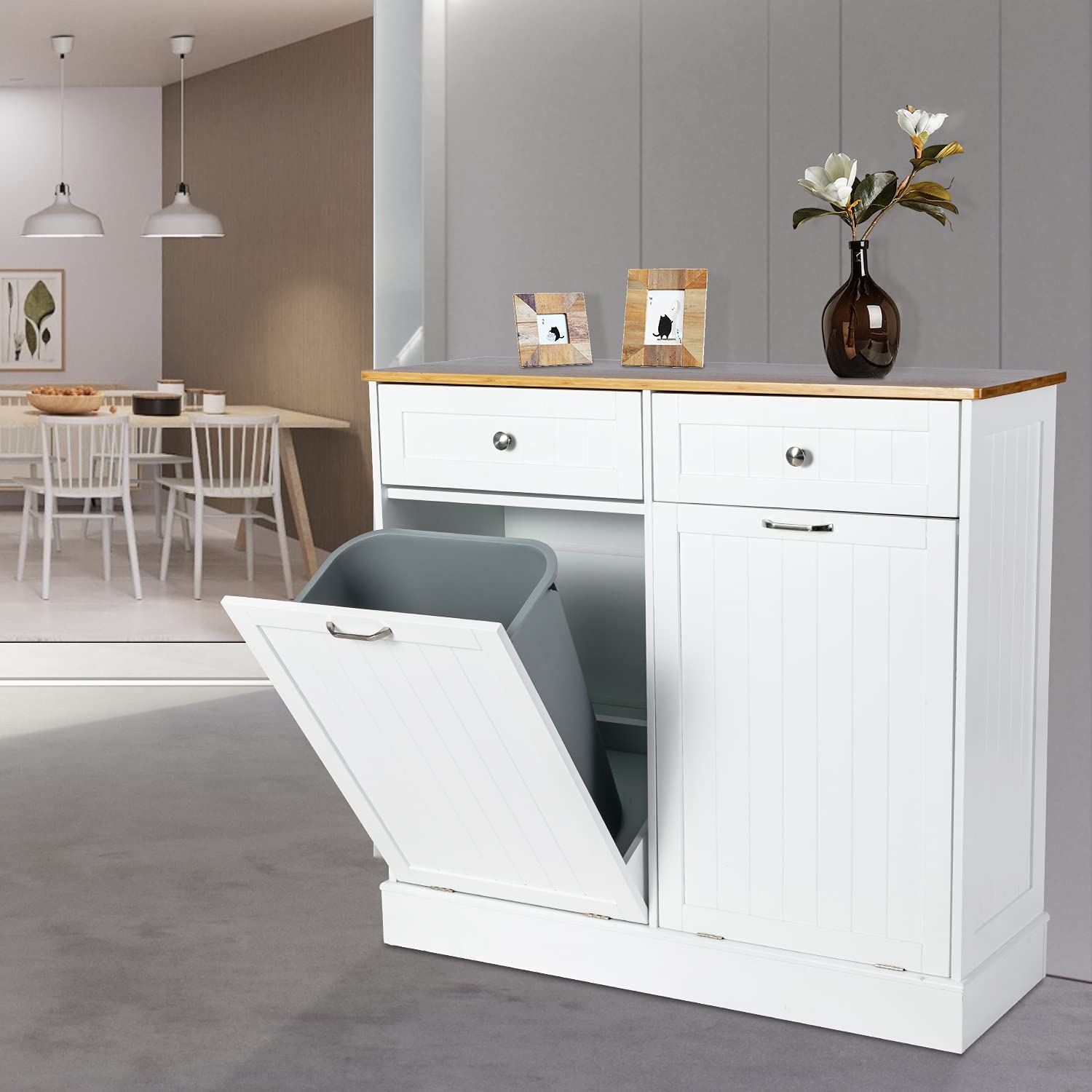 Dual White Double Kitchen Trash Cabinet with Two Wood Drawers X8381