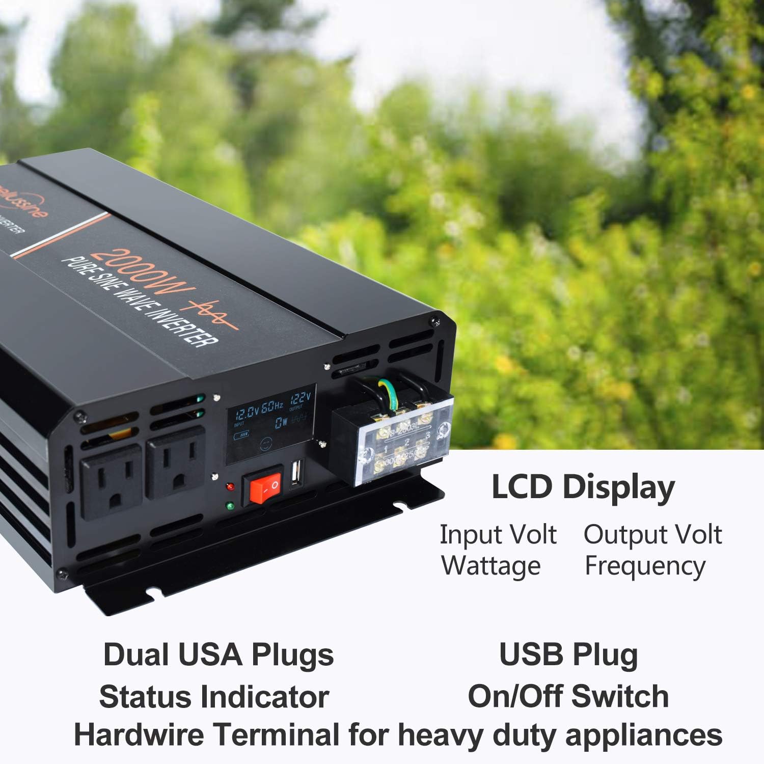 Power Inverter 2000W Pure Sine Wave 12v DC to AC 120v Peak 4000 Watt Converter with LCD Display USB Charge Port F387