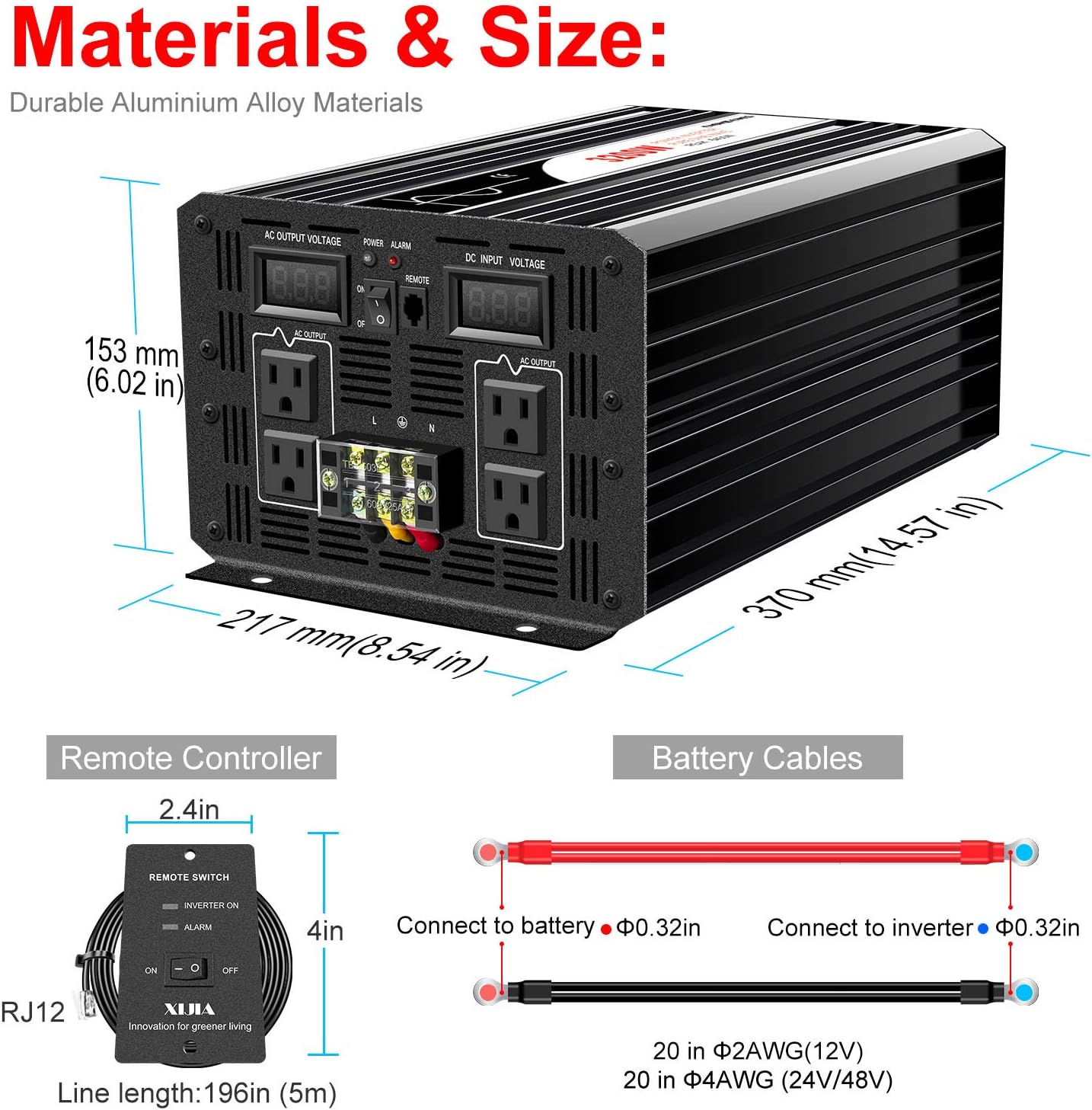 3000W 3200W Peak Power 6400W Pure Sine Wave Power Inverter DC 12V to 110V AC Converter 60HZ Solar Converter Y475