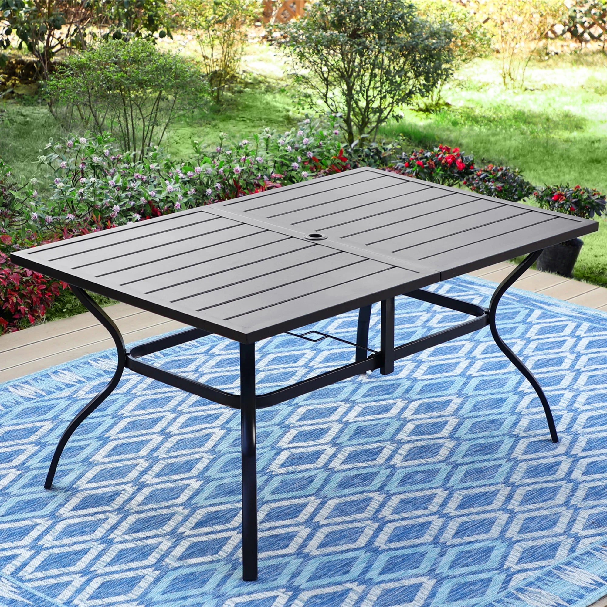 7-Piece Outdoor Patio Dining Set with High-Back Swivel Sling Chairs & Rectangular Table, Black & Blue Z366