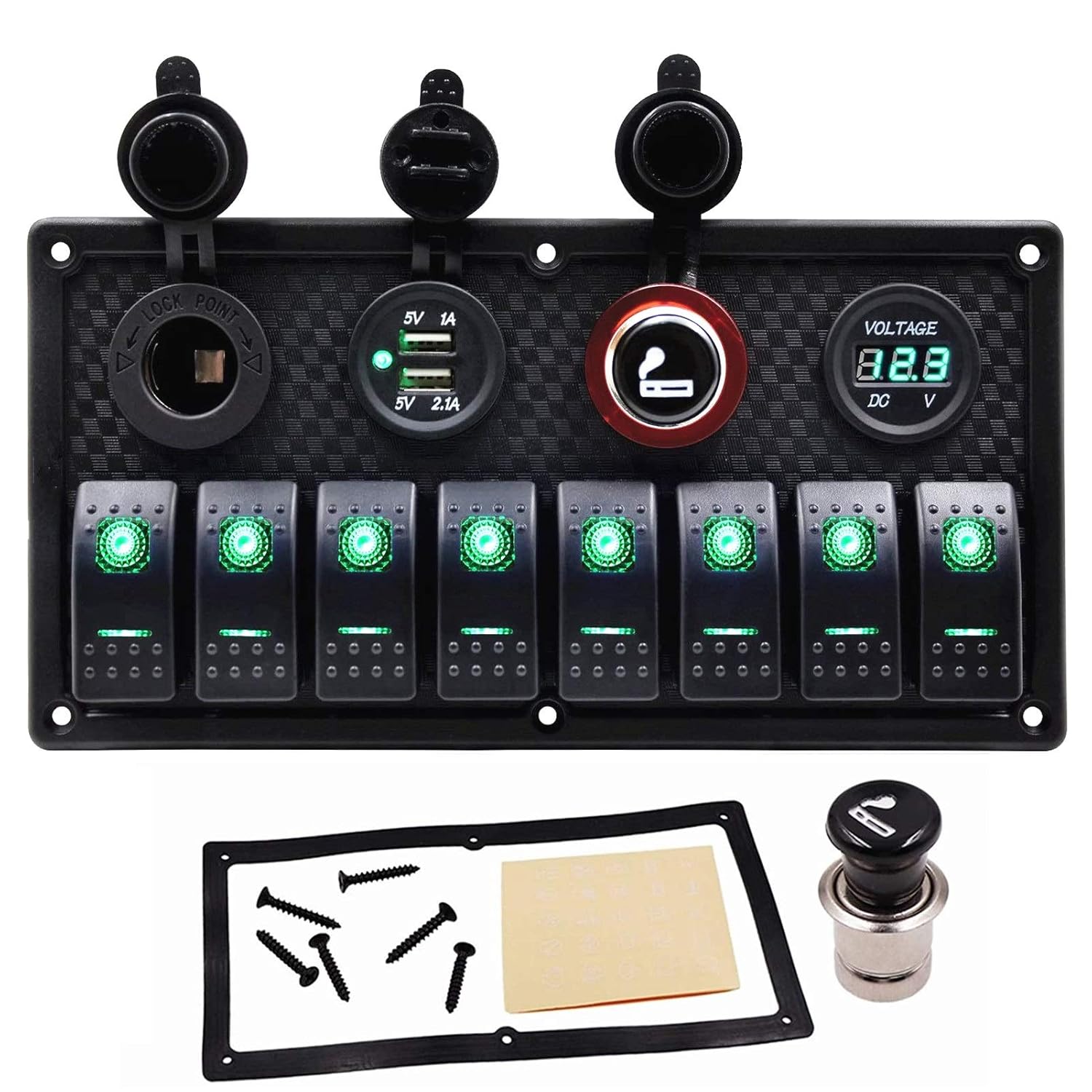 8 Gang Green LED Aluminum Marine Switch Panel with USB Charger and Voltmeter, Pack of 2 O578335