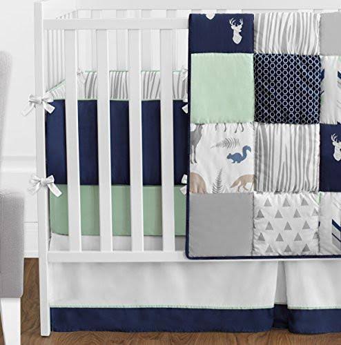 Navy Blue Mint and Grey Woodsy Deer Boys Baby Bedding Crib Set N17678